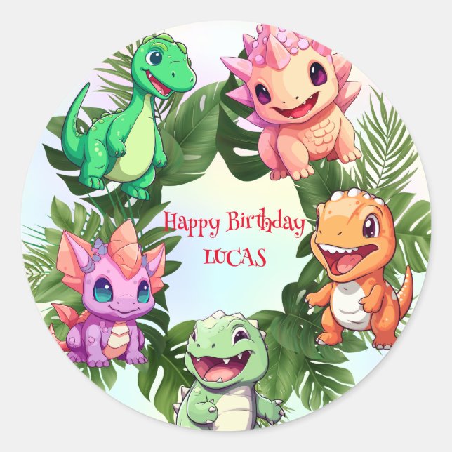 Cute dinosaur jungle School kid birthday party boy Classic Round Sticker (Front)
