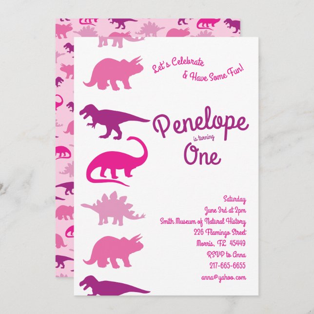 Cute Dinosaur Kids 1st Birthday Pink Dino Party Invitation (Front/Back)