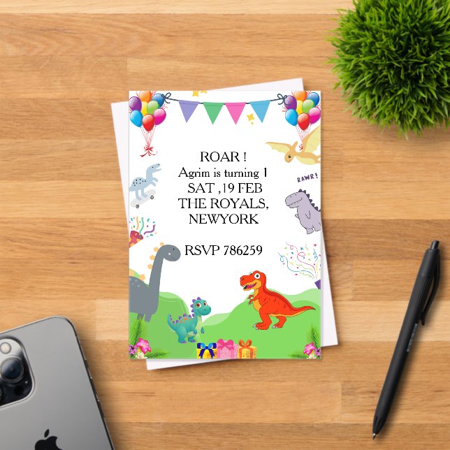 Cute Dinosaur Kids Birthday Invitation (Insitu (Invitation Card))