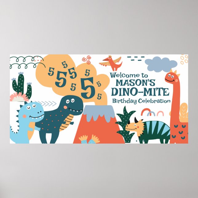 Cute Dinosaur Kids Birthday Party Banner Poster (Front)