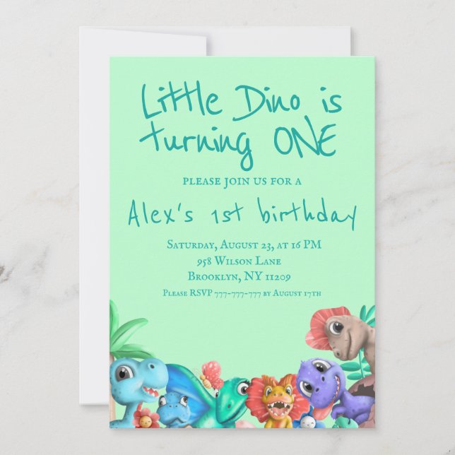Cute Dinosaur Little Dino is turning One Birthday Invitation (Front)