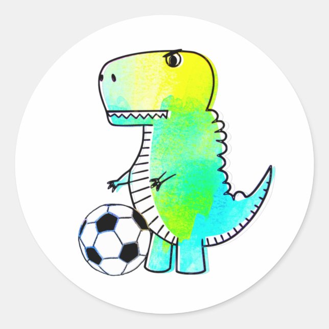Cute Dinosaur Loves Soccer Watercolor Classic Round Sticker (Front)