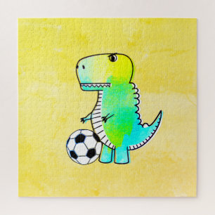 Cute Dinosaur Loves Soccer Watercolor Jigsaw Puzzle