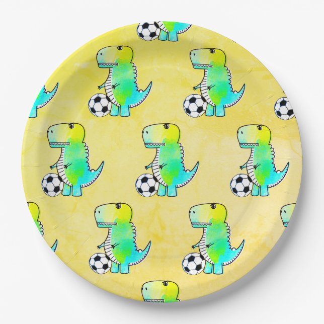 Cute Dinosaur Loves Soccer Watercolor Paper Plate (Front)