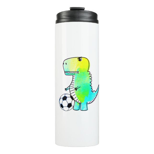 Cute Dinosaur Loves Soccer Watercolor Thermal Tumbler (Front)