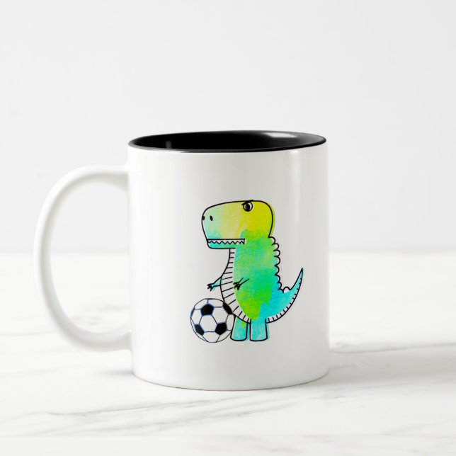 Cute Dinosaur Loves Soccer Watercolor Two-Tone Coffee Mug (Left)