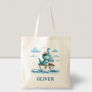 Cute Dinosaur Nautical Captain Personalised Blue Tote Bag