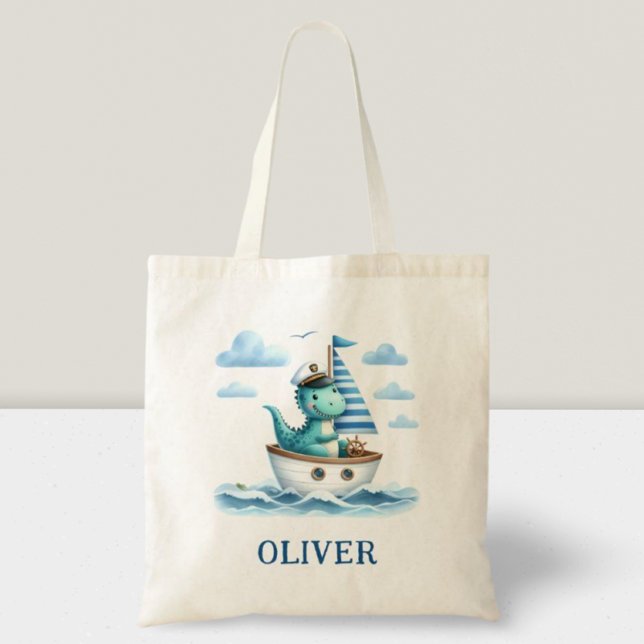 Cute Dinosaur Nautical Captain Personalised Blue Tote Bag (Creator Uploaded)