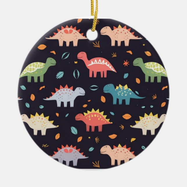Cute Dinosaur, Navy Cute Colourful Dinosaur Patter Ceramic Ornament (Front)