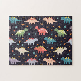 Cute Dinosaur, Navy Cute Colourful Dinosaur Patter Jigsaw Puzzle
