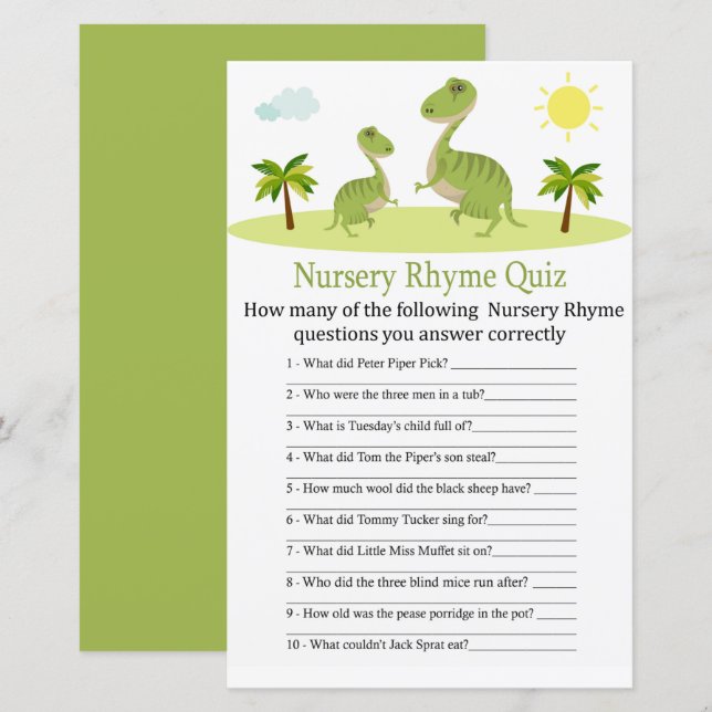 Cute Dinosaur Nursery Rhyme Quiz baby shower game (Front/Back)