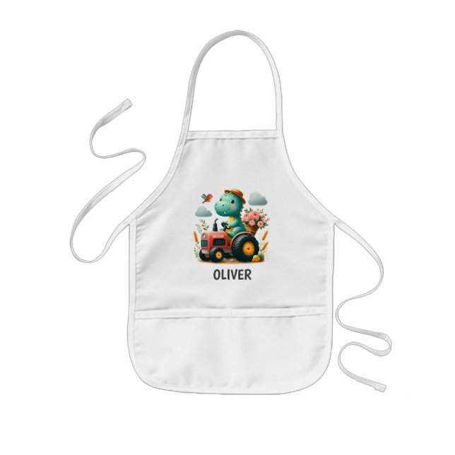 Cute Dinosaur on Red Tractor  Kids Apron (Front)