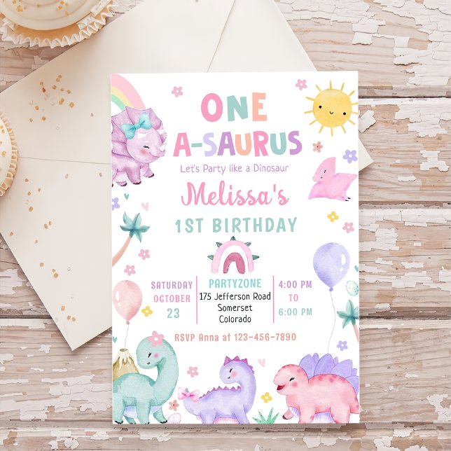 Cute Dinosaur One-A-Saurus 1st Birthday Party Invitation (Creator Uploaded)