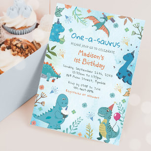Cute Dinosaur One-A-Saurus 1st Birthday Party Invitation