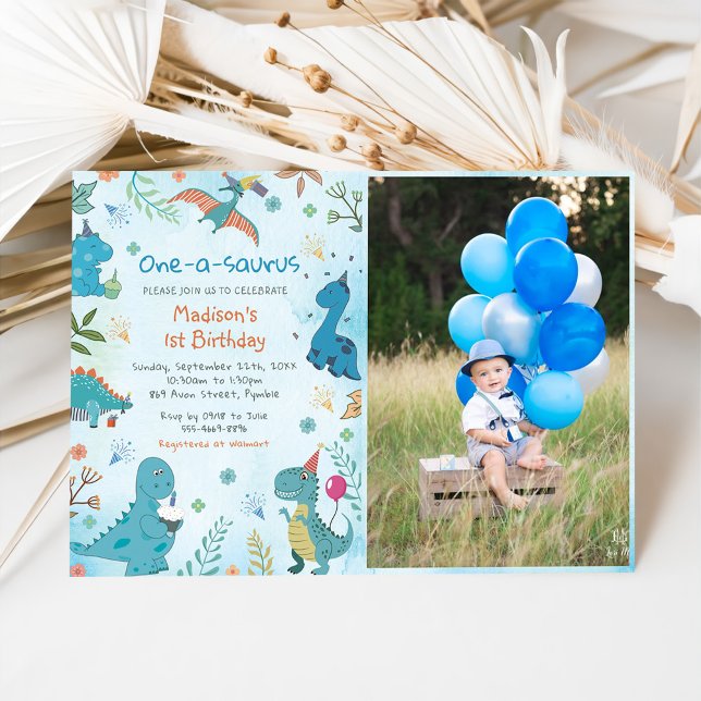 Cute Dinosaur One-A-Saurus 1st Birthday Photo Invitation (Creator Uploaded)