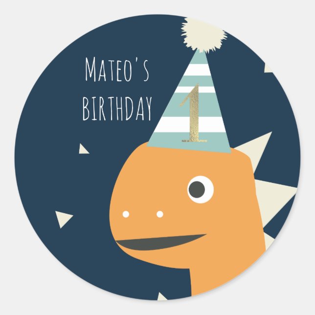 Cute Dinosaur One First Birthday Faux Gold  Classic Round Sticker (Front)