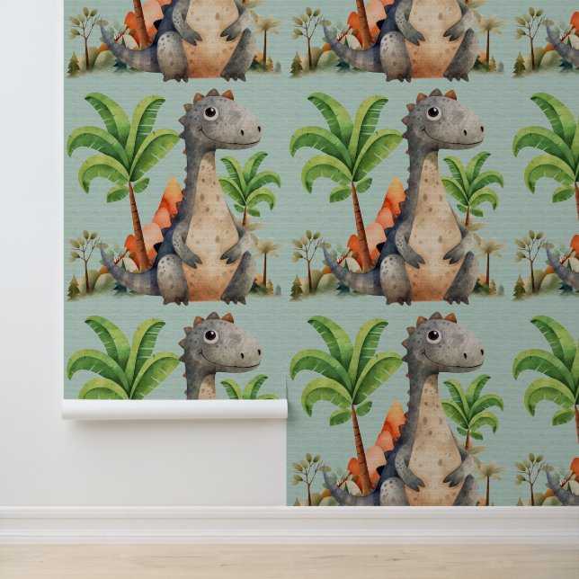 Cute dinosaur palm tree kids watercolor  wallpaper (Application)
