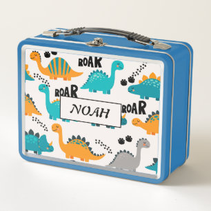 Cute Dinosaur Pattern Custom Monogram Name Kids Metal Lunch Box