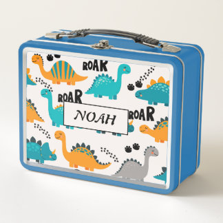 Cute Dinosaur Pattern Custom Monogram Name Kids Metal Lunch Box