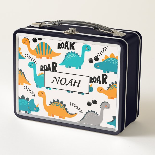 Cute Dinosaur Pattern Custom Monogram Name Kids Metal Lunch Box (Front)