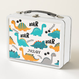 Cute Dinosaur Pattern Custom Monogram Name Kids Metal Lunch Box