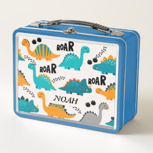 Cute Dinosaur Pattern Custom Monogram Name Kids Metal Lunch Box