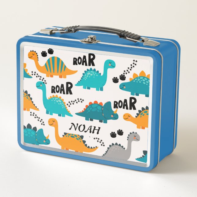 Cute Dinosaur Pattern Custom Monogram Name Kids Metal Lunch Box (Front)
