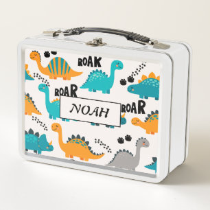Cute Dinosaur Pattern Custom Monogram Name Kids Metal Lunch Box
