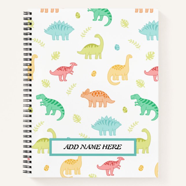 Cute Dinosaur Pattern Customisable Name  Notebook (Front)