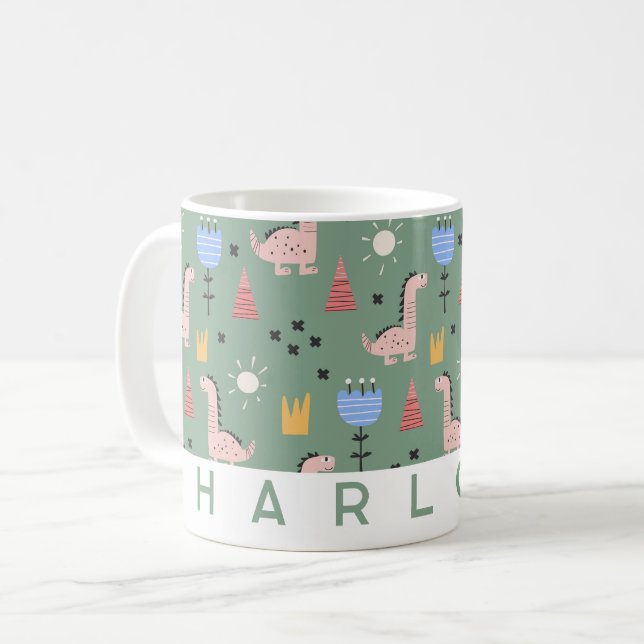 Cute Dinosaur Pattern Kids Custom Name Sage Green  Coffee Mug (Front Left)