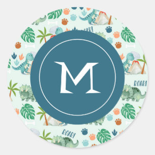 Cute Dinosaur Pattern Kids Monogram Classic Round Sticker