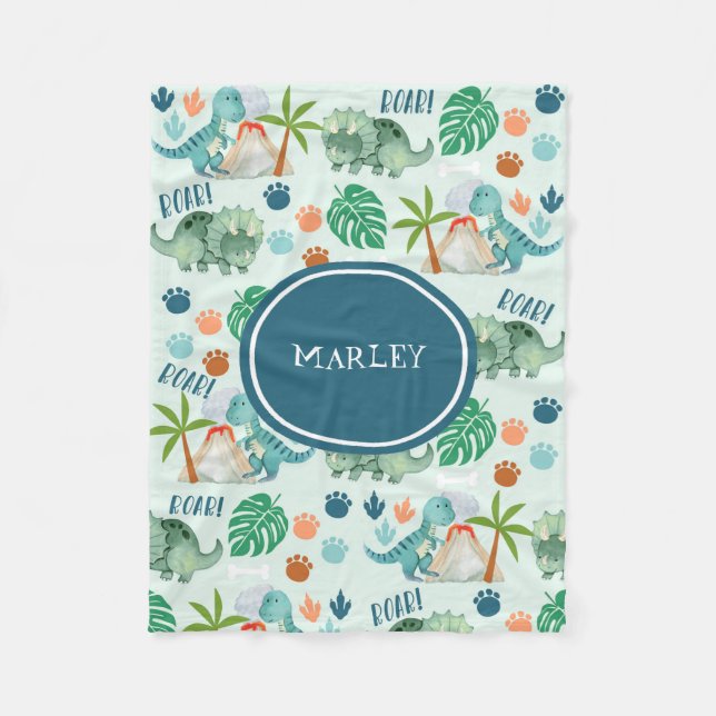 Cute Dinosaur Pattern Kids Monogram Fleece Blanket (Front)