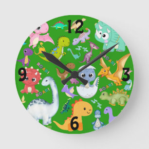 Cute Dinosaur Pattern on Green Round Clock