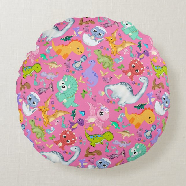 Cute Dinosaur Pattern on Pink | Round Cushion (Front)