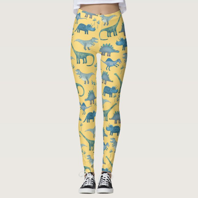 Cute Dinosaur Pattern on Yellow Leggings (Front)