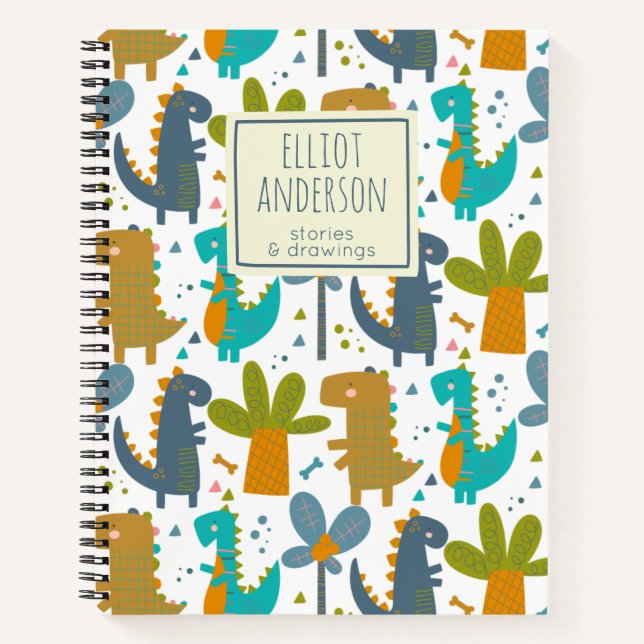 Cute Dinosaur Pattern Personalised Name Story Notebook (Front)