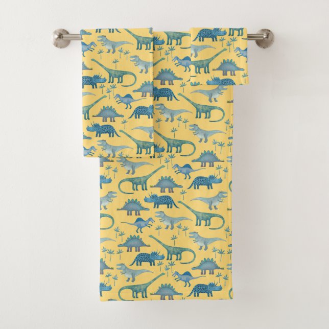 Cute Dinosaur Pattern Yellow Bath Towel Set (Insitu)