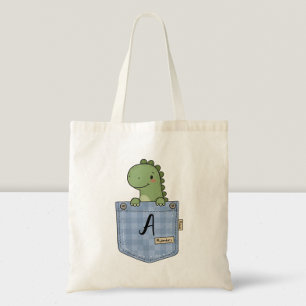 Cute Dinosaur Peeking from Pocket with initial Tote Bag