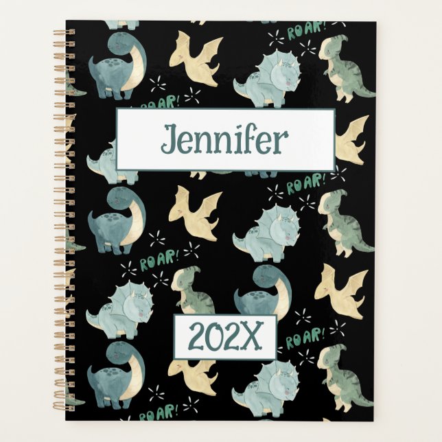 Cute Dinosaur Personalised Black 2024 Undated Planner (Front)