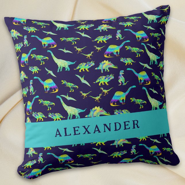 Cute Dinosaur Personalised Name Blue Cushion (Cute dinosaur personalized name boy baby blue pillow colorful dino pattern kids bedroom home decor)