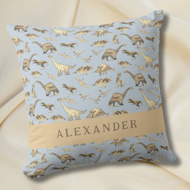 Cute Dinosaur Personalised Name Blue Cushion (Cute dinosaur pattern personalized name blue pillow baby Boys Jurassic dino bedroom home decor)