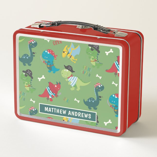 Cute Dinosaur Personalised Name Modern Metal Lunch Box (Back)