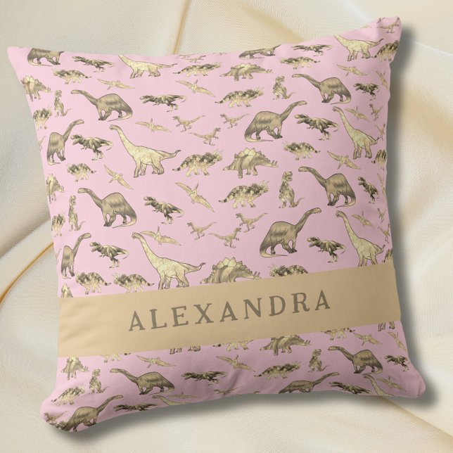Cute Dinosaur Personalised Name Pink Cushion (Cute dinosaur personalized name baby girls pink pillow)