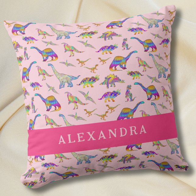 Cute Dinosaur Personalised Name Pink Cushion (Cute dinosaur personalized name pink pillow Girls colorful dino bedroom home decor)