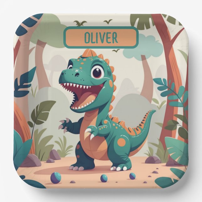 Cute Dinosaur Personalised Paper Plate (Front)
