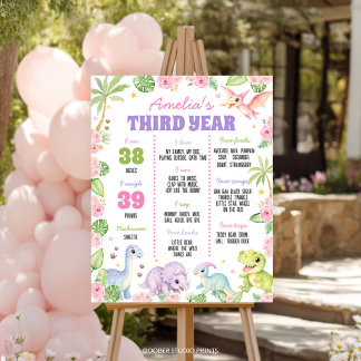 Cute Dinosaur Pink Floral Birthday Milestone Sign