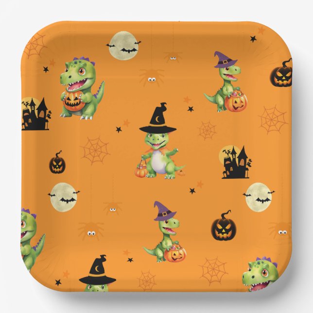 Cute Dinosaur play pumpkin trick o treat halloween Paper Plate (Front)