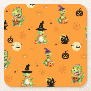 Cute Dinosaur play pumpkin trick o treat halloween Square Paper Coaster