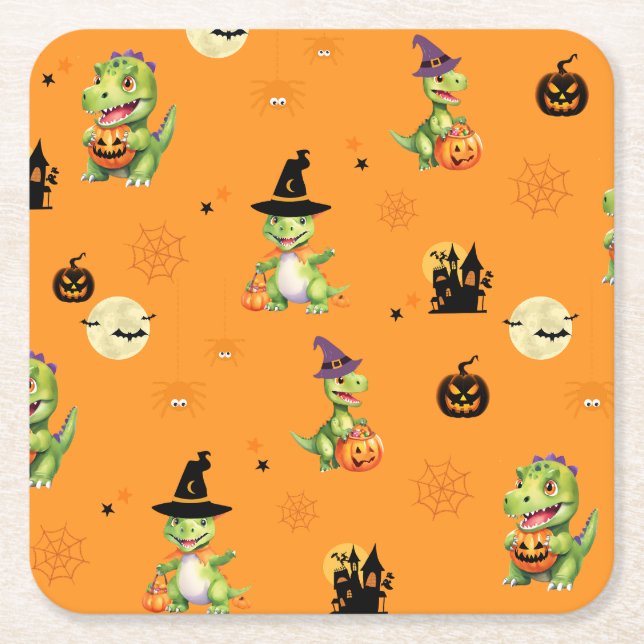 Cute Dinosaur play pumpkin trick o treat halloween Square Paper Coaster (Front)