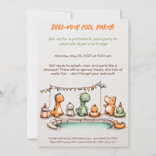 Cute Dinosaur Pool Party Birthday Invitation  (Front)